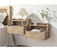 Mesita de noche colgante, juego de 2 estantes de pared de madera con cajones, diseño de espiga, mesita de noche, mesita de noche, flotante, con estantes abiertos, para dormitorio, salón, baño, 40 x 32