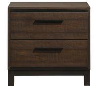 Mesita de noche con 2 cajones, acabado rústico de tabaco y bronce oscuro, muebles modernos de dormitorio con construcción de madera