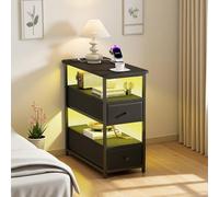 Mesita de noche con iluminación LED y estación de carga, armario de almacenamiento, mesa auxiliar estrecha de 3 niveles con estante abierto y 2 cajones, mesita de noche para espacios pequeños, color