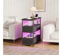 Mesita de noche con LED, cómoda con estación de carga, armario de almacenamiento, mesa auxiliar de 3 niveles con estante abierto y 2 cajones, mesa de sofá con espacio de almacenamiento, mesita de