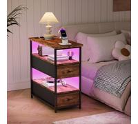 Mesita de noche con LED, cómoda con estación de carga, armario de almacenamiento, mesa auxiliar de 3 niveles con estante abierto y 2 cajones, mesa de sofá, espacio de almacenamiento, mesita de noche