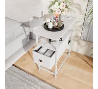 Mesita de noche con LED, mesita de noche con función de carga, mesa auxiliar con enchufe, mesa de sofá con 1 cajón y 1 compartimento abierto, mesita de noche estrecha, para dormitorio, salón (1