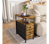 Mesita de noche con LED, mesita de noche con función de carga, mesa auxiliar con enchufe, mesa de sofá con 3 cajones y 1 compartimento abierto, mesita de noche estrecha, para dormitorio, salón (2