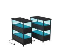 Mesita de noche con LED, mesita de noche con función de carga, mesa auxiliar con enchufe, mesa de sofá con 2 cajones y 2 compartimentos abiertos, mesita de noche estrecha, para dormitorio, salón (2