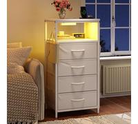 Mesita de noche con LED, mesita de noche con función de carga, mesa auxiliar con enchufe, mesa de sofá con 4 cajones y 1 compartimento abierto, mesita de noche estrecha, para dormitorio, salón (2