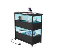 Mesita de noche con LED, mesita de noche con función de carga, mesa auxiliar con enchufe, mesa de sofá con 2 cajones y 2 compartimentos abiertos, mesita de noche estrecha, para dormitorio, salón (1