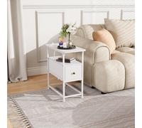 Mesita de noche con LED, mesita de noche con función de carga, mesa auxiliar con enchufe, mesa de sofá con 1 cajón y 1 compartimento abierto, mesita de noche estrecha, para dormitorio, salón (2