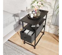 Mesita de noche con LED, mesita de noche con función de carga, mesa auxiliar con enchufe, mesa de sofá con 1 cajón y 1 compartimento abierto, mesita de noche estrecha, para dormitorio, salón (2, negro