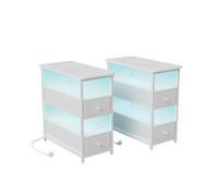 Mesita de noche con LED, mesita de noche con función de carga, mesa auxiliar con enchufe, mesa de sofá con 2 cajones y 2 compartimentos abiertos, mesita de noche estrecha, para dormitorio, salón (2