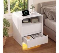 Mesita de Noche con luz led y Cargador, Comoda 2 Cajones Mesa de Noche Juego de 2 57x40x45cm Mesitas Auxiliares Salon con 2 Cajones Mueble de Madera Almacenamiento Cajonera para Salón Dormitorio
