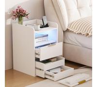 Mesita de Noche con luz led y Cargador, Comoda 2 Cajones Oculto Mesa de Noche con Led 60x40x40cm Mesitas Auxiliares Salon con 2 Cajones Mueble de Madera Almacenamiento Cajonera para Salón Dormitorio