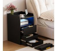 Mesita de Noche con luz led y Cargador, Comoda 2 Cajones Oculto Mesa de Noche con Led 60x40x40cm Mesitas Auxiliares Salon con 2 Cajones Mueble de Madera Almacenamiento Cajonera para Salón Dormitorio