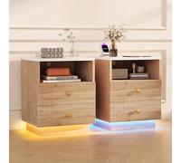 Mesita de Noche con luz led y Cargador, Comoda Cajones Mesa de Noche Juego de 2 55x44x38cm Mesitas Auxiliares Salon con 2 Cajones Mueble de Madera Almacenamiento Cajonera para Salón Dormitorio