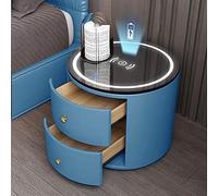 Mesita de noche con tira de luz y altavoz Bluetooth, madera oscura, listón, adecuada para dormitorio y sala de estar