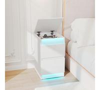 Mesita de noche con tira luminosa de luces LED multicolor variable, 2 cajones, el escritorio se puede abrir, 2 enchufes USB y 2 tomas de corriente, mesita de noche dormitorio (blanco, 35 x 40 x 60 cm)