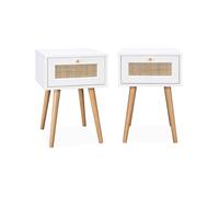 Mesita de noche de 1 cajón con efecto madera y caña, set de 2, boheme, blanco roto, 39x39x55.4 cm
