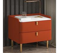 Mesita de noche de almacenamiento con 2 cajones, parte superior de mármol sintético, muebles modernos para dormitorio, elegante acento rojo y naranja, tamaño de 45 cm.