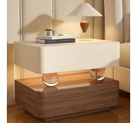 Mesita de noche de madera maciza con sensor de luz - Diseño creativo de bola de cristal - Mesa auxiliar de dormitorio con dos cajones - No requiere ensamblaje Off-white + Walnut 45*40*48cm