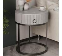 Mesita de Noche de Piedra con cajón, Mesa de Centro pequeña con Placa de Piedra Redonda, mesita Auxiliar para sofá, Color Negro y Gris, 1 Pieza sin Estante, 49 cm de Largo x 48 cm de Ancho x 58 cm de