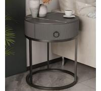 Mesita de Noche de Piedra con cajón, Mesa de Centro pequeña con Placa de Piedra Redonda, mesita Auxiliar para sofá, Color Negro, 1 Pieza sin Estante, 49 cm de Largo x 48 cm de Ancho x 58 cm de Alto