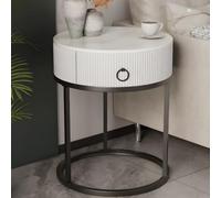 Mesita de Noche de Piedra con cajón, Mesa de Centro pequeña con Placa de Piedra Redonda, mesita Auxiliar para sofá, Color Blanco y Negro, 1 Pieza sin Estante, 49 cm de Largo x 48 cm de Ancho x 58 cm