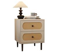 Mesita de noche de ratán natural con 2 cajones, color caqui, estilo rústico moderno, vintage, elegante, almacenamiento para dormitorio y sala de estar, 40 cm