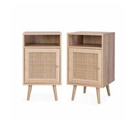 Mesita de noche escandinava con efecto madera y caña, set de 2, boheme, natural, 39x40x70 cm