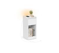 VASAGLE Mesita de Noche Estrecha, Mesa Auxiliar, con Iluminación LED, 1 Puerto USB-A, 1 Puerto USB-C, Cajón y Compartimento, Dormitorio, Salón, Blanco Nube LET610W01