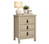 Mesita de Noche Guadalquivir, Mesa Auxiliar con 3 Cajones, Tiradores de Metal y Cuero incluidos, Color Jackson Hickory, 44 x 39 x 70 cm