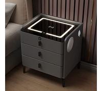 Mesita de noche inteligente con 3 cajones, carga USB, luz de tres colores, puerto de carga inalámbrico, bloqueo de huellas dactilares, altavoz Bluetooth, ideal para dormitorio y sala de estar (gris
