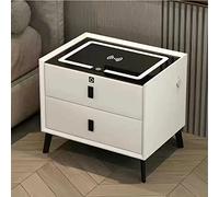 Mesita de Noche Inteligente con 3 cajones, USB, luz de Tres Colores, Puerto de Carga inalámbrico y Bloqueo de Huellas Dactilares, Mesa Auxiliar con Altavoz, para Dormitorio (Blanco Roto)/Blanco/2