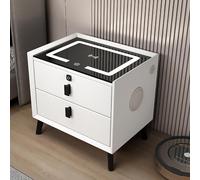 Mesita de noche inteligente con altavoz de bloqueo de huellas dactilares y estación de carga, mesa auxiliar multifuncional para dormitorio con luz LED de 3 colores y 2 cajones (blanco)