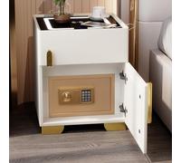 Mesita de noche inteligente con caja fuerte y carga en la encimera, mesita de noche para dormitorio con puertos USB, mesa auxiliar de cama con luz LED de 3 colores, tapa de vidrio templado (