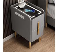 Mesita de noche inteligente con cajón, moderna luz LED, mesa auxiliar estrecha de madera, mesitas de noche sólidas de PU, mueble de noche, mesita de noche para dormitorio (gris claro, 50 cm/19,7")