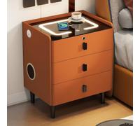Mesita de Noche Inteligente con Carga Inalámbrica, 3 Cajones y Audio | Cerradura de Huella, Luz LED de 3 Colores, Puerto USB, Mueble PU Resistente a Arañazos para Dormitorio(Orange,35cm/14in)