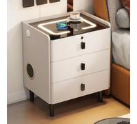 Mesita de Noche Inteligente con Carga Inalámbrica, 3 Cajones y Audio | Cerradura de Huella, Luz LED de 3 Colores, Puerto USB, Mueble PU Resistente a Arañazos para Dormitorio(Beige,35cm/14in)