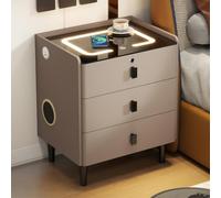 Mesita de Noche Inteligente con Carga Inalámbrica, 3 Cajones y Audio | Cerradura de Huella, Luz LED de 3 Colores, Puerto USB, Mueble PU Resistente a Arañazos para Dormitorio(Brown,40cm/16in)
