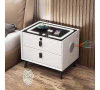 Mesita de noche inteligente con carga inalámbrica, 3 puertos USB, 3 luces LED, diseño moderno, 2 cajones y altavoces inteligentes, mesita de noche blanca para dormitorio