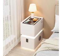 Mesita de Noche Inteligente con Carga Inalámbrica, Mesa Lateral Estrecha | Cerradura Contraseña, Sensor Movimiento, Luz Táctil 3 Tonos, Puertos USB, Mesa Auxiliar Dormitorio(White,35cm/14in)