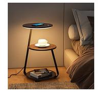 Mesita de noche inteligente con luces LED ajustables, carga inalámbrica y estante de almacenamiento abierto, moderna mesita de noche para dormitorio, mesa de café, acabado de nogal, diseño de ahorro