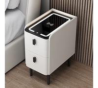 Mesita de noche inteligente con luz LED y puerto de carga, moderna mesita de noche con almacenamiento, diseño blanco compacto para dormitorios pequeños, muebles funcionales y elegantes