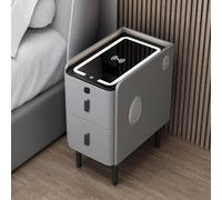 Mesita de noche inteligente con puerto de carga, luces LED, altavoz Bluetooth y bloqueo de huellas dactilares, mesita de noche estrecha con patas de metal, acabado gris claro, ideal para dormitorios