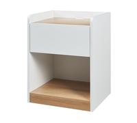 [en.casa] Mesita de Noche Kuorshare con Cajón y Compartimeto Abierto Mesa Auxiliar Mesa de Sofá con Pasacables Multifuncional Moderno MDF 55 x 42 x 37 cm - Blanco/Efecto Roble