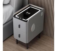 Mesita de noche LED inteligente - Mesita de noche estrecha de 25 cm con carga inalámbrica, audio Bluetooth, 2 cajones, puertos USB, madera maciza (gris claro) - Mesa auxiliar de almacenamiento técnico