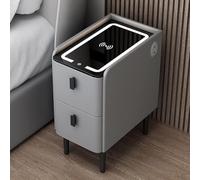 Mesita de noche LED inteligente - Mesita de noche estrecha de 25 cm con carga inalámbrica, audio Bluetooth, 2 cajones, puertos USB, madera maciza (gris claro) - Mesa auxiliar de almacenamiento técnico