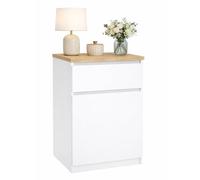 Mesita de Noche, Mesa Auxiliar SIL Gloss White con 1 Puerta y 1 Cajón,Color Blanco Alto Brillo y Jackson Hickory, 41 x 40 x 70 cm