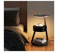Mesita de noche moderna con luz LED ajustable, estante de carga inalámbrica y almacenamiento, acabado de nogal, ideal para dormitorio, diseño único, mesita de noche, mesa de centro. Tamaño