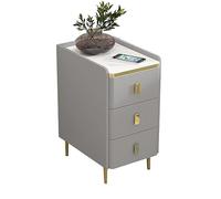 Mesita de noche moderna de mediados de siglo con cajón, mesita de noche delgada de cuero de microfibra, mesa auxiliar alta con patas de metal para espacios pequeños, color gris oscuro