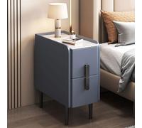 Mesita de noche moderna de piel sintética con tablero de mármol, mesita de noche estrecha, mesa auxiliar de lujo con 2 cajones y patas de metal, armario de almacenamiento para dormitorios , azul)