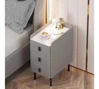 Mesita de noche moderna y delgada con 3 cajones, piel sintética y marco de madera maciza, parte superior de piedra, patas y asas de metal, mesita de noche compacta para almacenamiento de dormitorio